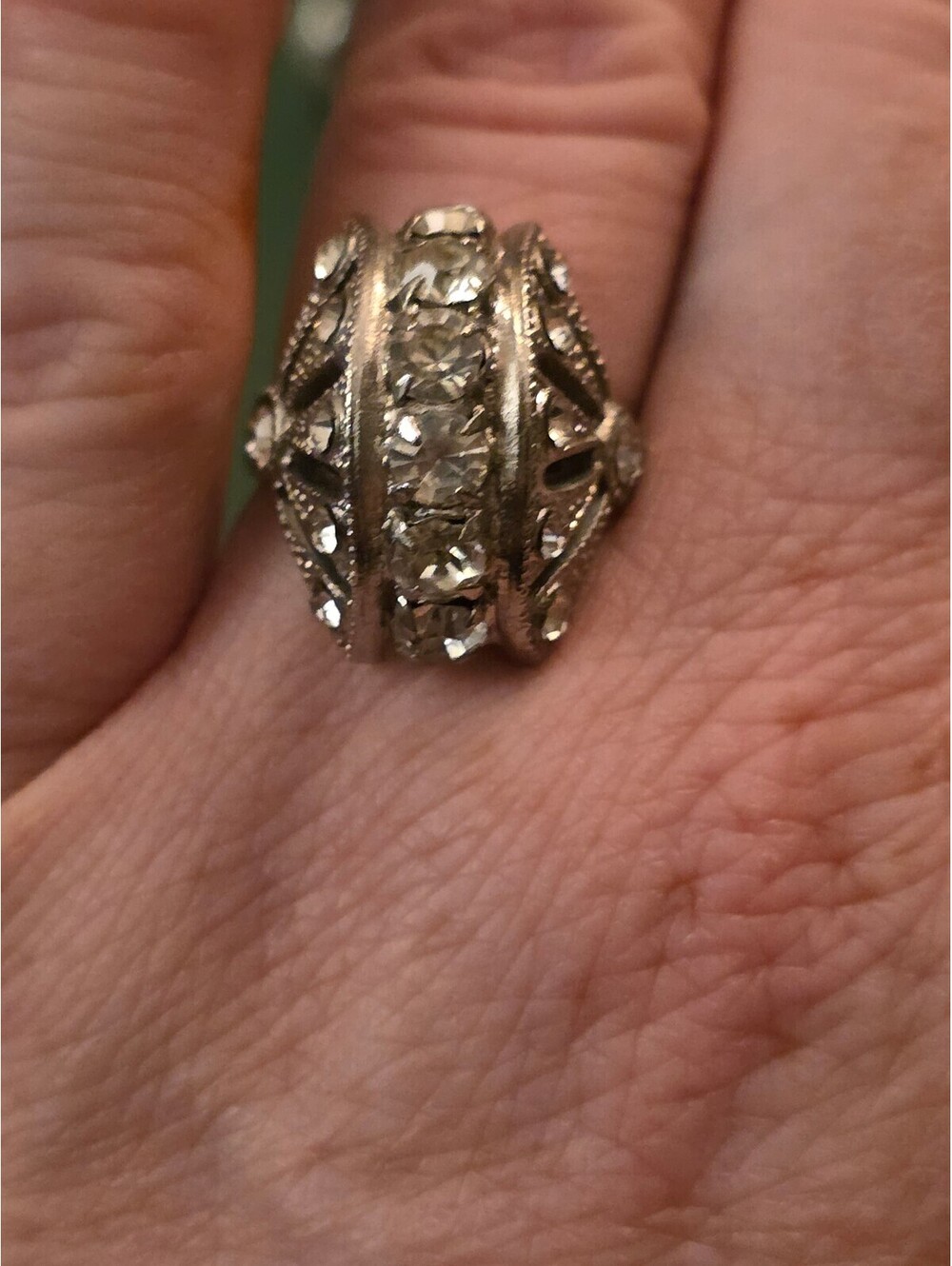 Silver Tone Rhinestone Dome Art Deco Fan Cocktail Ring Adjustable